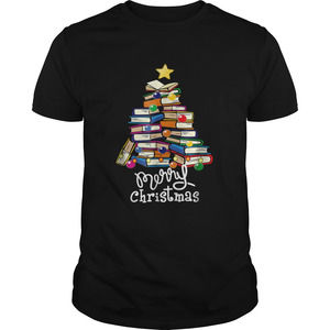 Merry Christmas Tree Love Reading Books Librarian Nerd Tshirt